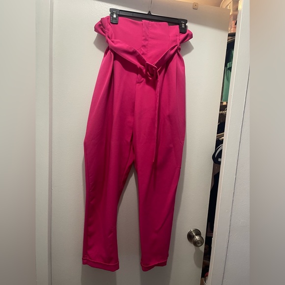 Pink paper bag waist trouser with belt - Picture 2 of 5